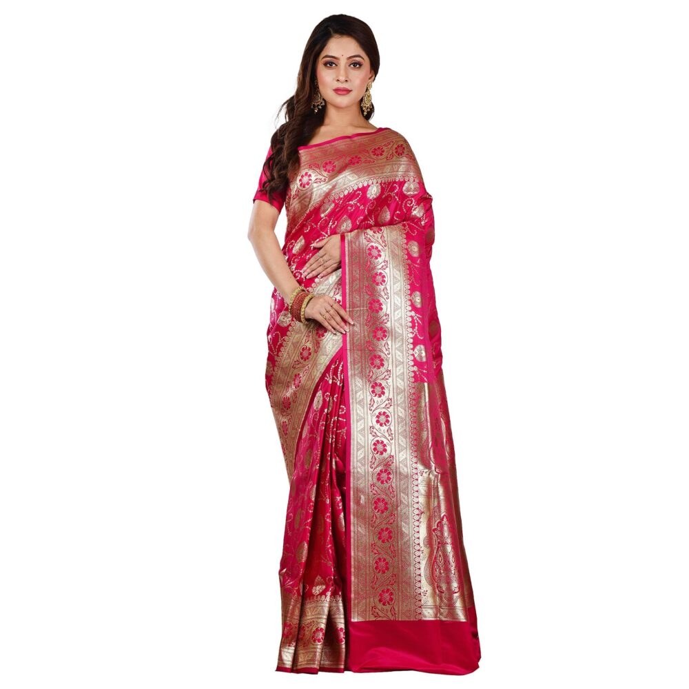 Aishani Collection Woven Pure Katan Silk Banarasi Wedding Traditional Saree for Women with bp (Multicolor) (Dark Pink1)