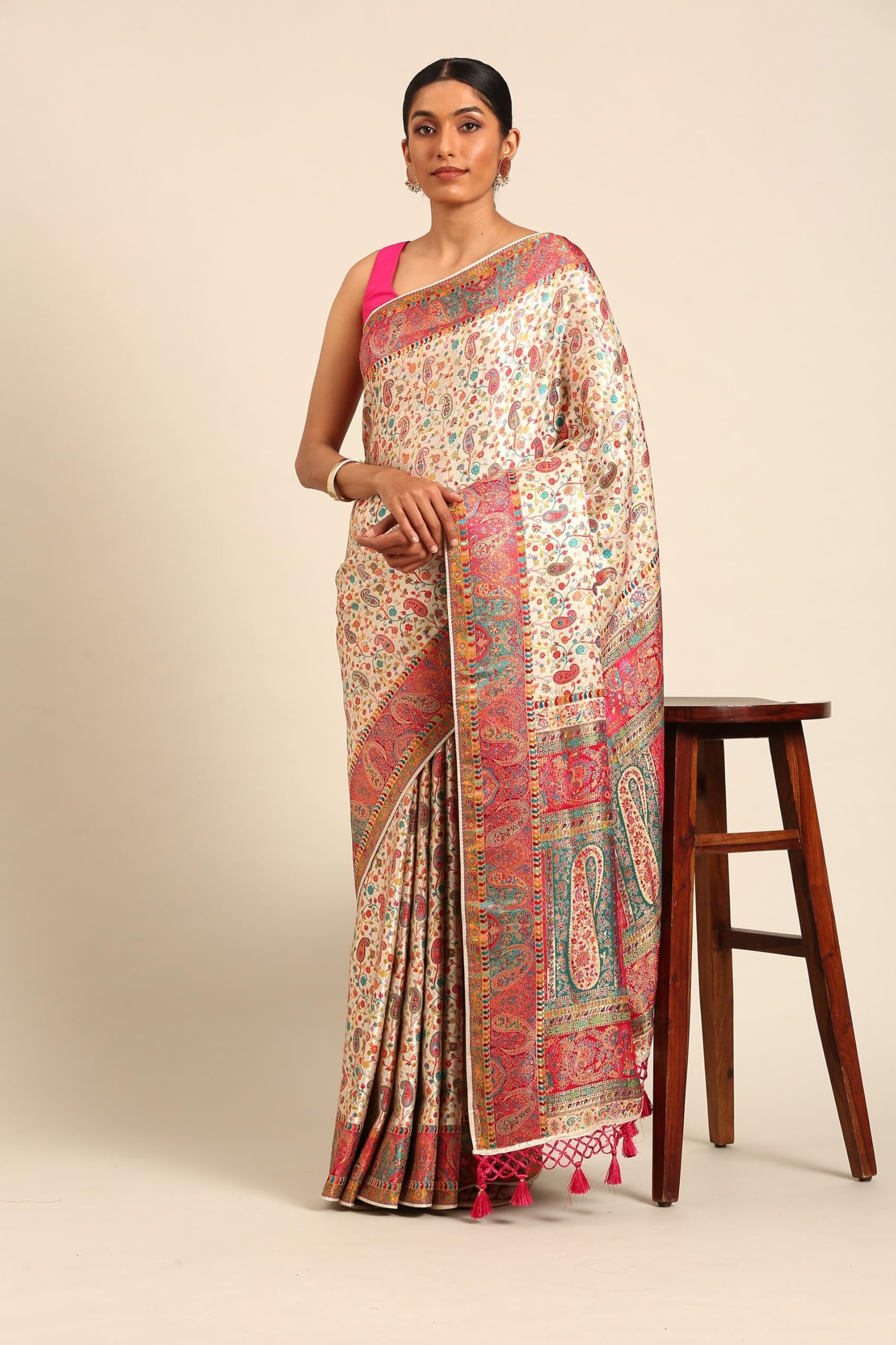 MOHEY Women's Cream Art Silk Embroidered|Thread Work Saree (Cream) - Image 6