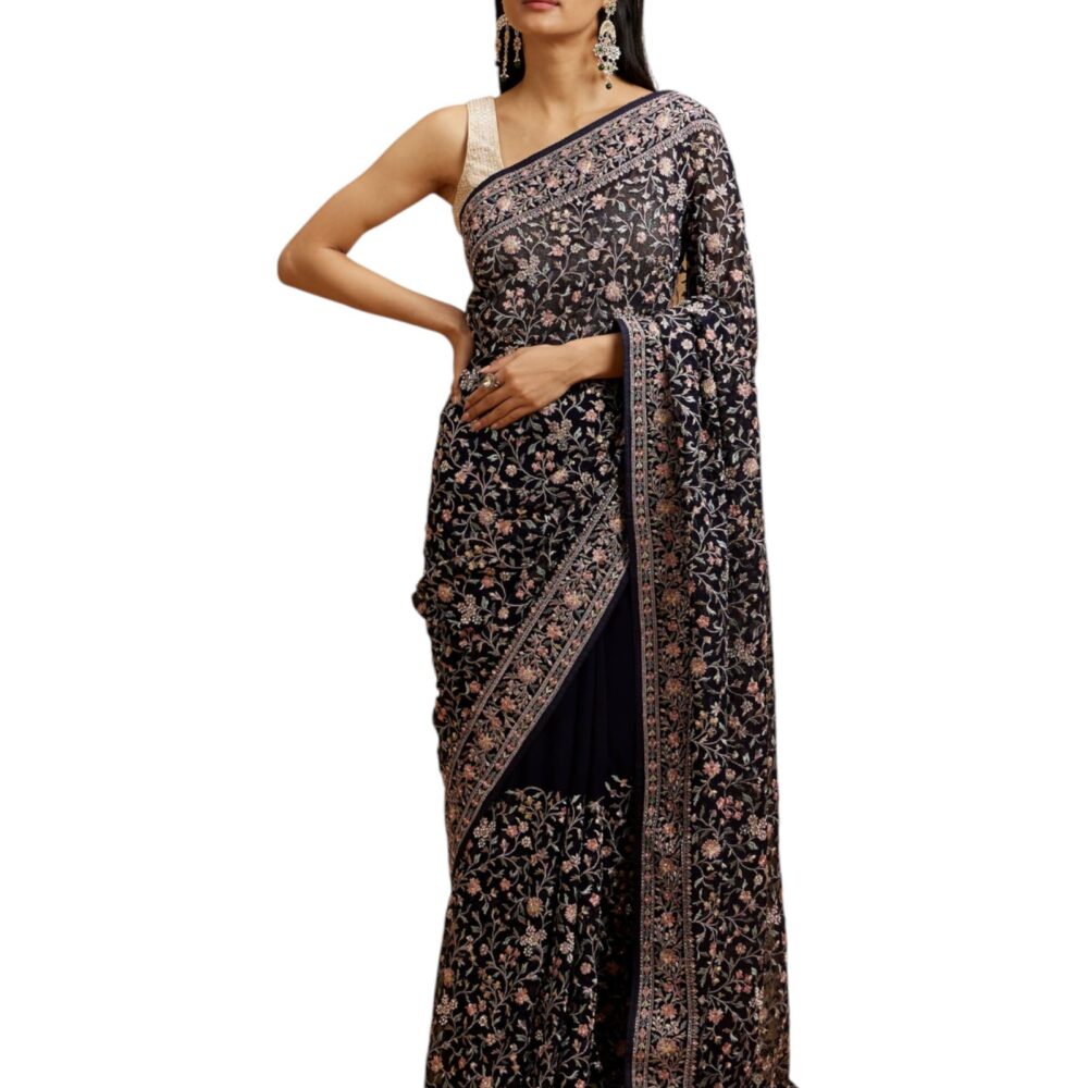 MOHEY Women's Georgette bel Buti Embroidery Saree(Indigo Blue)