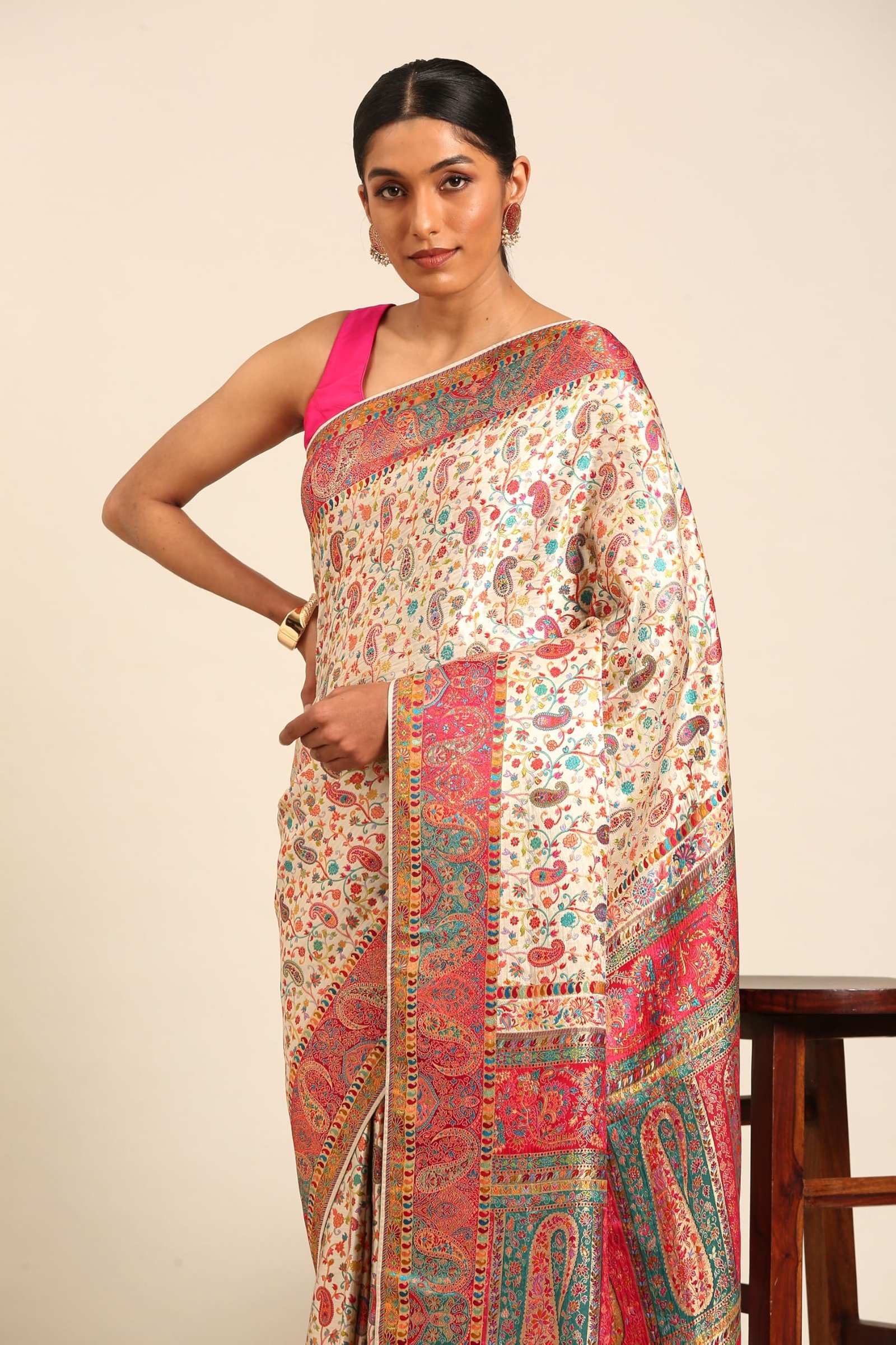 MOHEY Women's Cream Art Silk Embroidered|Thread Work Saree (Cream) - Image 5